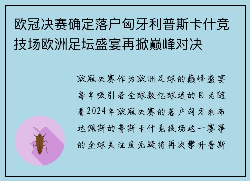 欧冠决赛确定落户匈牙利普斯卡什竞技场欧洲足坛盛宴再掀巅峰对决