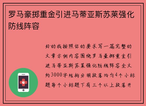 罗马豪掷重金引进马蒂亚斯苏莱强化防线阵容